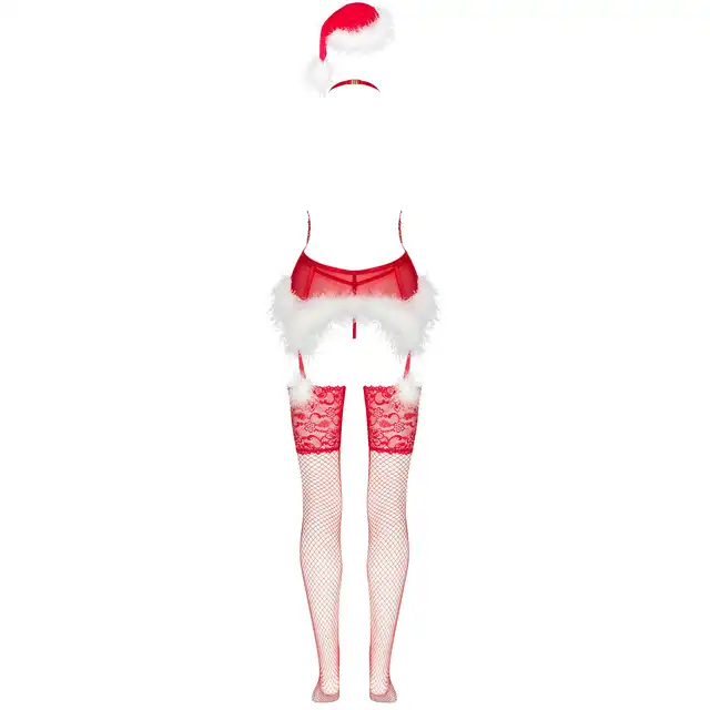 Livia Corsetti Collection - Alimena L/XL. Świąteczny gorset pani Mikołajki, czerwona koronka i puchate zdobienia w komplecie z czapeczką i pończochami