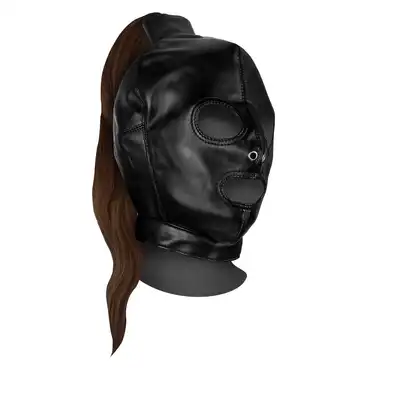 Ouch! - Mask with Brown Pony Tail - maska na twarz z brązowymi włosami w kształcie końskiego ogona