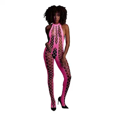 Ouch! - Bodystocking with Halterneck XS/XL. Neonowy bodystocking z ponętnymi wycięciami i otwartym krokiem, świecące w ciemności
