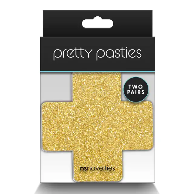 Pretty Pasties - Glitter Cross Black &amp; Gold. Dwie pary naklejek na sutki w kształcie krzyżyków, czarne i złote nasutniki z brokatem
