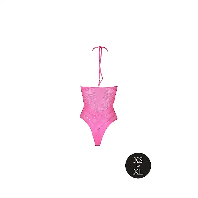 OUCH! - Body with Halter Neck Neon Pink XS/XL. Neonowy bodystocking o kroju body z wiązaniem za szyją, świecące w ciemności