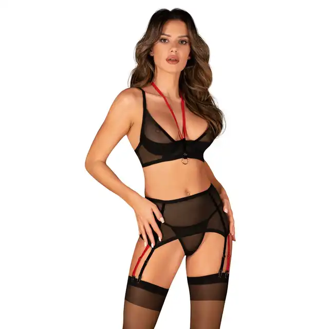 Obsessive - Glandez set 3 cz. M/L- trzyczęściowy komplet bielizny z półprzezroczystej tkaniny. Czerwone dodatki