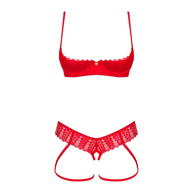 Obsessive - Ingridia Crotchless Set XS/S. Odważny komplet czerwonej bielizny z otwartym krokiem i miseczkami doskonale podkreśla sylwetkę