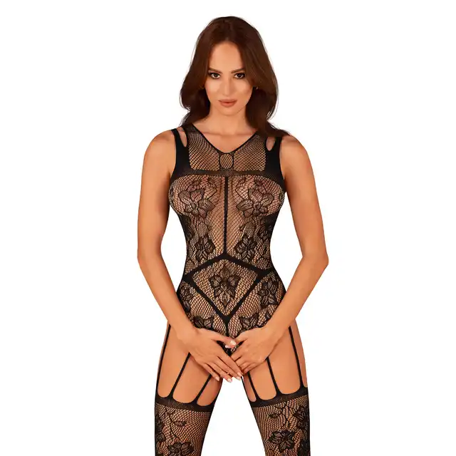 Obsessive - F239 Bodystocking S/M/L. Wyjątkowy bodystocking o kroju body z otwartym krokiem w połączeniu z pończochami, romantyczny kwiatowy wzór