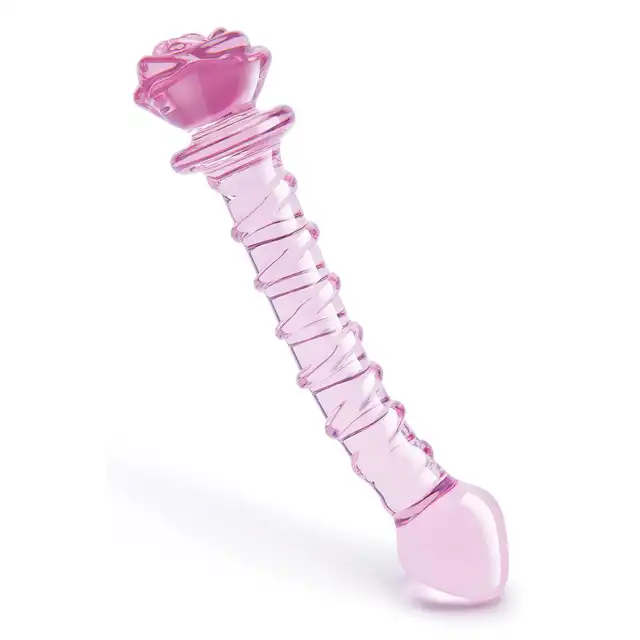 Glaze Glass - Rosebud Spiral G-spot Dildo. Teksturowane  spiralnie różowe szklane dildo do stymulacji punktu G ozdobione szklaną różyczką