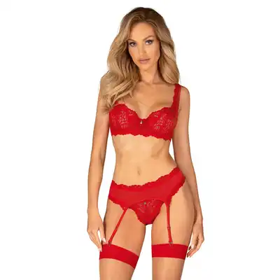Obsessive - Amor Cherris Set L/XL - trzyczęściowy komplet wyjątkowo namiętnej bielizny! Czerwona koronka