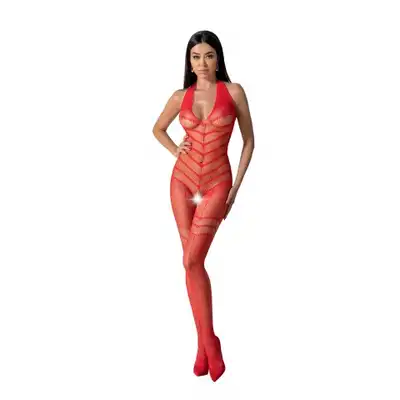 Passion - Bodystocking BS100 Red. Czerwony, kuszący bodystocking o geometrycznym wzorze podkreślającym sylwetkę