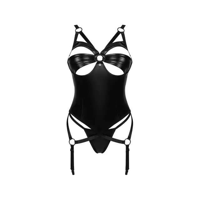 Obsessive - Armares gorset i stringi M/L Intrygujący, lśniący czarny gorset z elegancką zawieszką