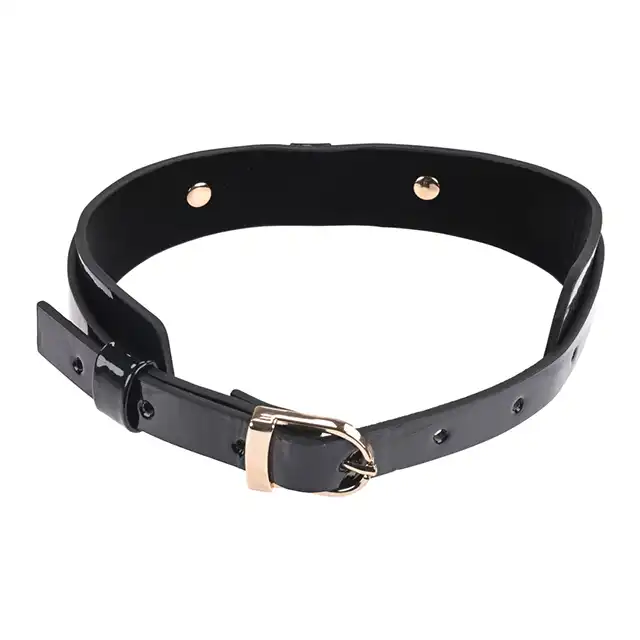 Sex &amp; Mischief - Orbit Day Collar. Elegancka czarna połyskująca obroża na szyję, połączenie luksusowej skóry ze złotymi dodatkami 