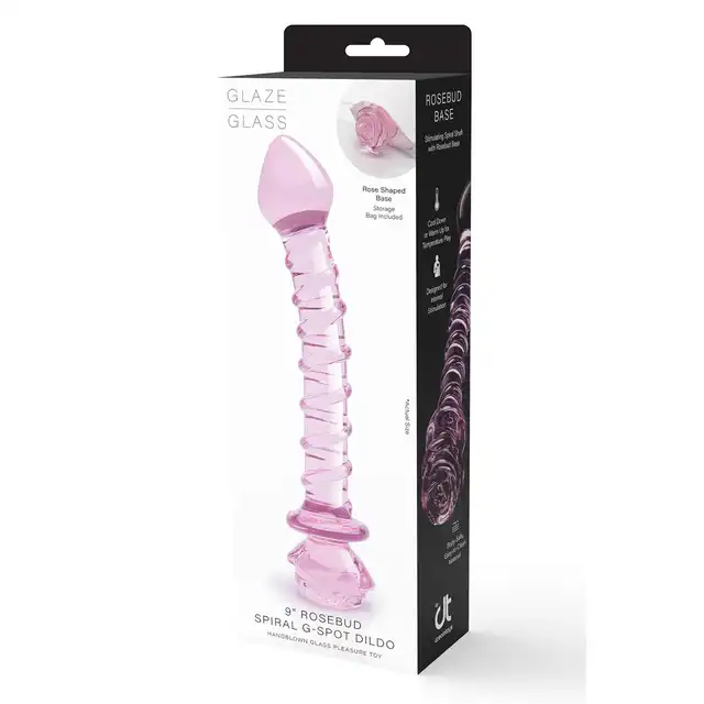 Glaze Glass - Rosebud Spiral G-spot Dildo. Teksturowane  spiralnie różowe szklane dildo do stymulacji punktu G ozdobione szklaną różyczką