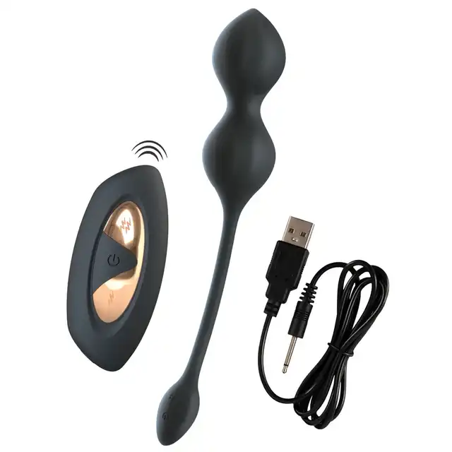 Xou Xou - Vibrating E-Stim Love Balls. Czarne, wibrujące kulki gejszy z elektrostymulacją. Zaawansowany trening mięśni kegla połączony z przyjemnością