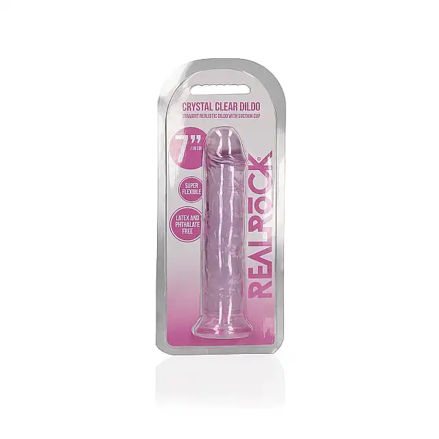 RealRock - Crystal Clear 7" Pink. Realistyczne dildo z przyssawką w podstawie, przezroczysty materiał o delikatnym różowym zabarwieniu