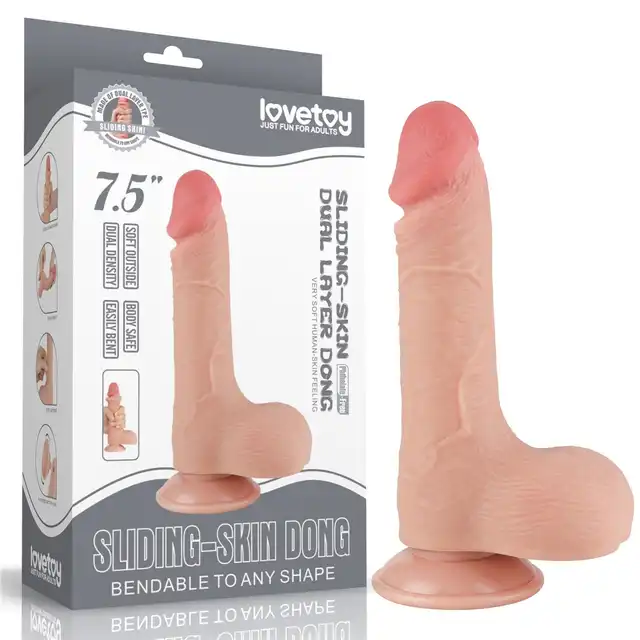 LoveToy - Sliding Skin Dual Layer Dong 7.5`. Dildo o podwójnej gęstości, z ruchomą skórą imitującą realnego członka, członek z mocną przyssawką