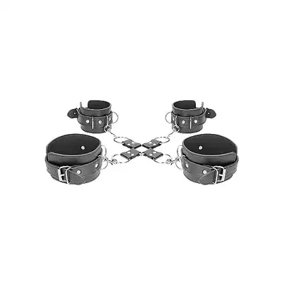 Ouch! - Bonded Leather Hogtie With Hand and Ankle Cuffs. Krzyżak do krępowania z dwoma parami kajdanek na kostki i nadgarstki. Ostatnia sztuka!