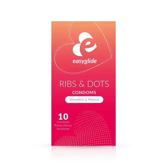 EasyGlide - Ribs and Dots Condoms 10 szt. Prążkowane prezerwatywy dla jeszcze większej przyjemności ze stosunku. Poczuj pełną satysfakcję