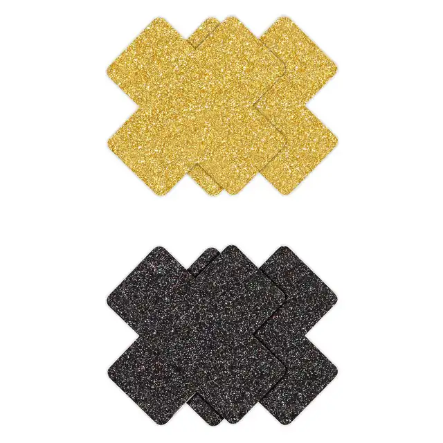 Pretty Pasties - Glitter Cross Black &amp; Gold. Dwie pary naklejek na sutki w kształcie krzyżyków, czarne i złote nasutniki z brokatem