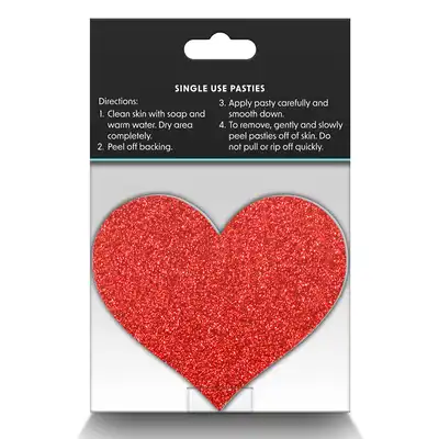 Pretty Pasties - Glitter Hearts Red &amp; Silver. Dwie pary naklejek na sutki w kształcie serduszek, czerwone i srebrne nasutniki z brokatem