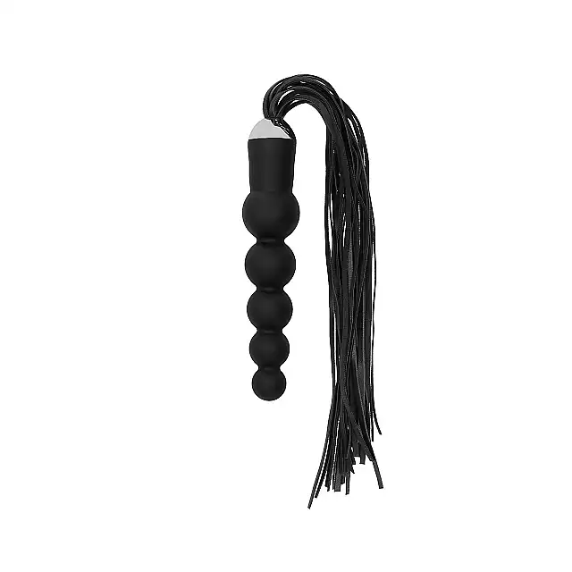 OUCH! - Black Whip with Curved Silicone Dildo. Dildo o konstrukcji z kulkami, połączone ze skórzanym batem