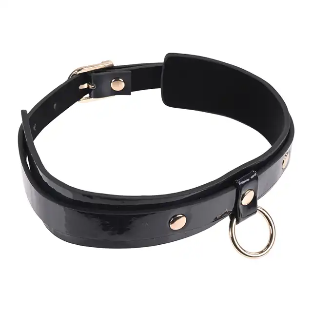 Sex &amp; Mischief - Orbit Day Collar. Elegancka czarna połyskująca obroża na szyję, połączenie luksusowej skóry ze złotymi dodatkami 