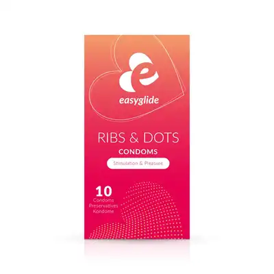 EasyGlide - Ribs and Dots Condoms 10 szt. Prążkowane prezerwatywy dla jeszcze większej przyjemności ze stosunku. Poczuj pełną satysfakcję