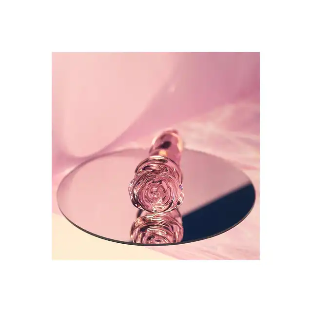 Glaze Glass - Rosebud Beaded Plug 14 cm. Różowy, szklany korek analny ze żłobieniami i elegancką różyczką. Jakość premium. 
