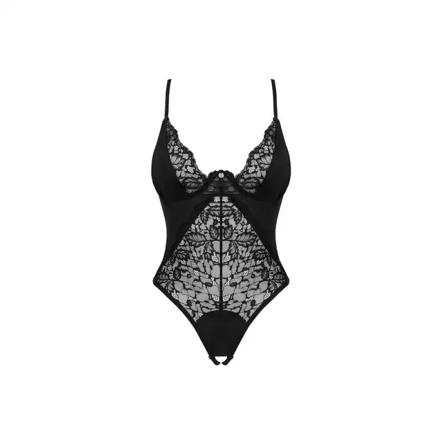 Obsessive -  Bellastia body otwarte XS/S. Czarne zmysłowe body z roślinną koronką i fiszbinami podkreślającymi biust