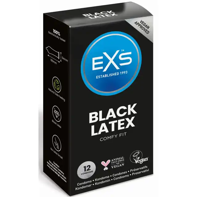 EXS - Black Latex 12 szt. Czarne prezerwatywy lateksowe, bezzapachowe i bezsmakowe, rozszerzana końcówka dla lepszego dopasowania