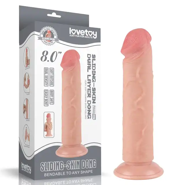 LoveToy - Sliding Skin Dual Layer Dong 8`. Naturalistyczne dildo o żylastym trzonie i zarysowanej żołędzi, mocna przyssawka i podwójna gęstość materiału