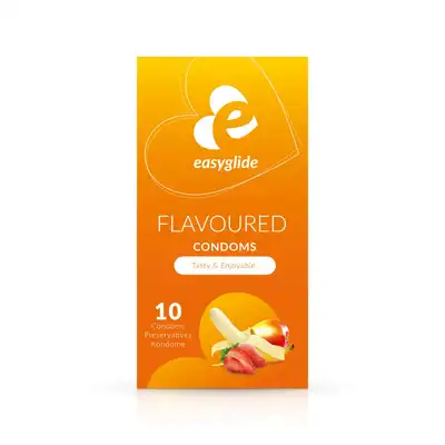 EasyGlide - Flavored Condoms  10 szt. Prezerwatywy w różnych owocowych smakach o średnicy 54 mm. Dla różnorodnych  wrażeń