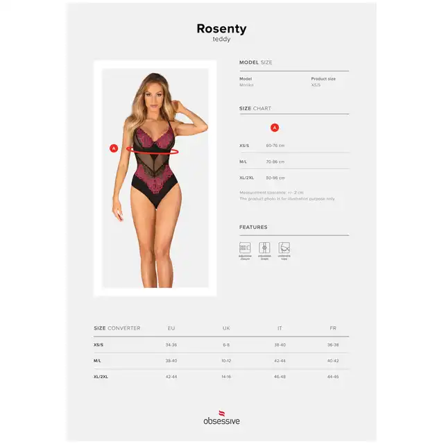 Obsessive - Rosenty body M/L. Kuszące czarne body z różową, kwiatową koronką. Dodaj sobie uroku!