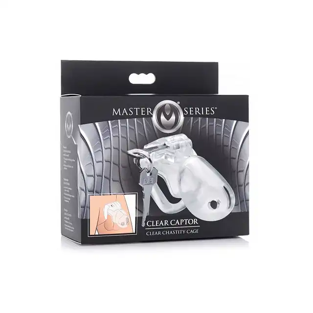 Master Series - Clear Captor Chastity Cage with Keys - Large. Lekka, przeźroczysta klatka na penisa z plastiku. Przewiewna i higieniczna, z regulacją rozmiaru