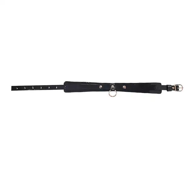 Sex &amp; Mischief - Orbit Day Collar. Elegancka czarna połyskująca obroża na szyję, połączenie luksusowej skóry ze złotymi dodatkami 
