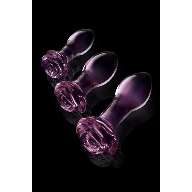 Glaze Glass - Rosebud Anal Training Set. Zestaw treningowy różowych, szklanych plugów analnych z ozdobnymi różami 