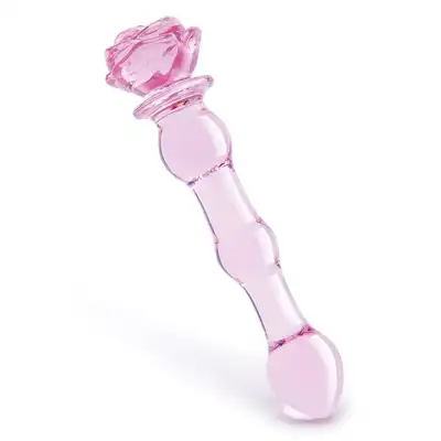 Glaze Glass - Rosebud Beaded Dildo 20 cm. Niezwykłe różowe, profilowane szklane dildo z ozdobną różyczką. Uroczy i elegancki prezent. 