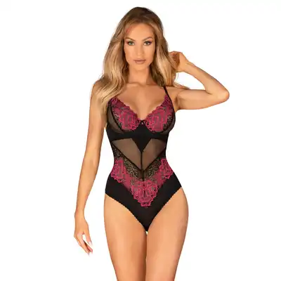 Obsessive - Rosenty body M/L. Kuszące czarne body z różową, kwiatową koronką. Dodaj sobie uroku!