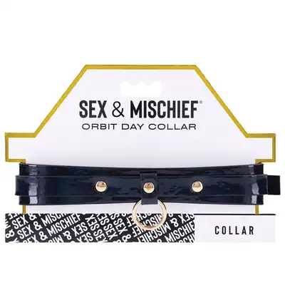 Sex &amp; Mischief - Orbit Day Collar. Elegancka czarna połyskująca obroża na szyję, połączenie luksusowej skóry ze złotymi dodatkami 