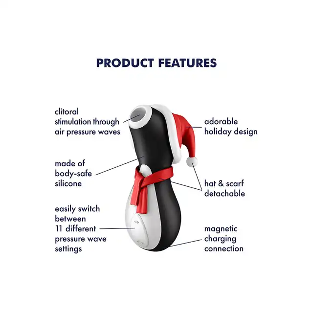 Satisfyer - Penguin Holiday Edition. Genialny stymulator ciśnieniowy, stymulacja łechtaczki ssącymi falami powietrza. Nowe, świąteczne wydanie kultowego Pingwinka, genialne na prezent pod choinkę