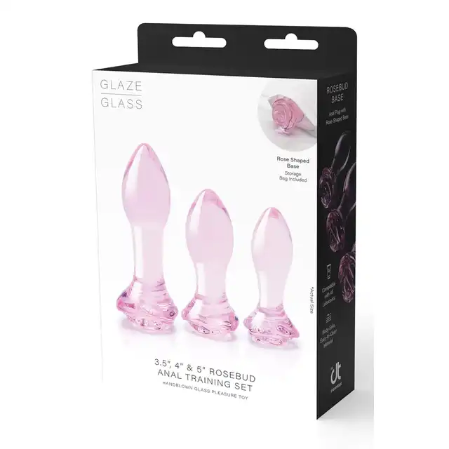 Glaze Glass - Rosebud Anal Training Set. Zestaw treningowy różowych, szklanych plugów analnych z ozdobnymi różami 