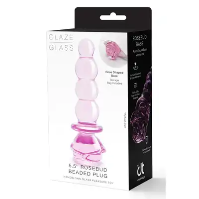 Glaze Glass - Rosebud Beaded Plug 14 cm. Różowy, szklany korek analny ze żłobieniami i elegancką różyczką. Jakość premium. 