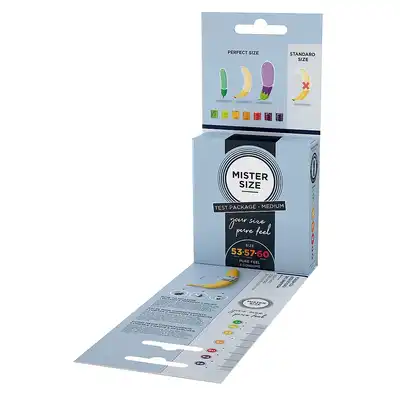 Mister Size - Pure Feel Test Set. Testowy zestaw prezerwatyw do doboru odpowiedniego rozmiaru gumek. Poznaj swój rozmiar i zagwarantuj sobie najwyższy komfort podczas stosunku
