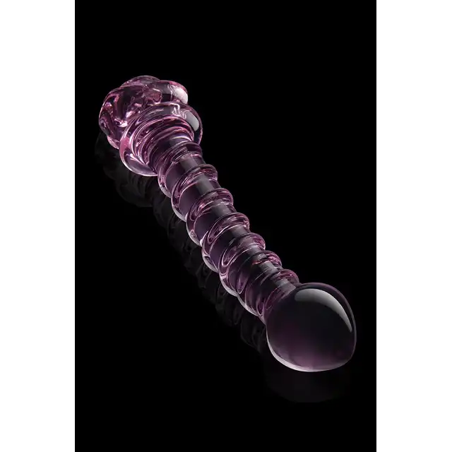 Glaze Glass - Rosebud Spiral G-spot Dildo. Teksturowane  spiralnie różowe szklane dildo do stymulacji punktu G ozdobione szklaną różyczką