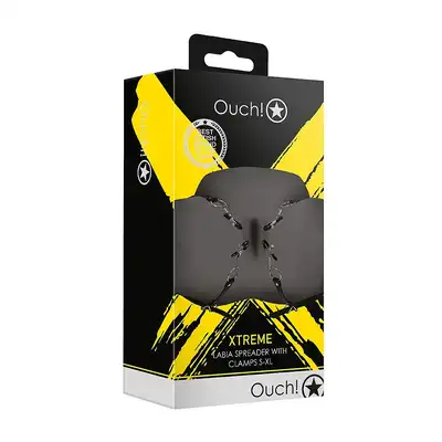 Ouch! - Labia Spreader with Clamps Black - podwójne zaciski na wargi sromowe w kolorze czarnym. Wyższy poziom!