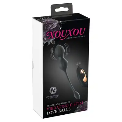 Xou Xou - Vibrating E-Stim Love Balls. Czarne, wibrujące kulki gejszy z elektrostymulacją. Zaawansowany trening mięśni kegla połączony z przyjemnością