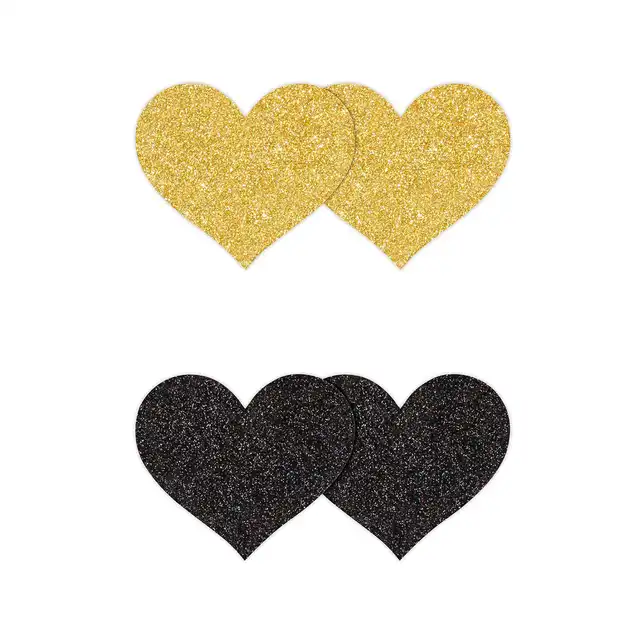 Pretty Pasties - Glitter Hearts Black &amp; Gold. Dwie pary naklejek na sutki w kształcie serduszek, czarne i złote nasutniki z brokatem
