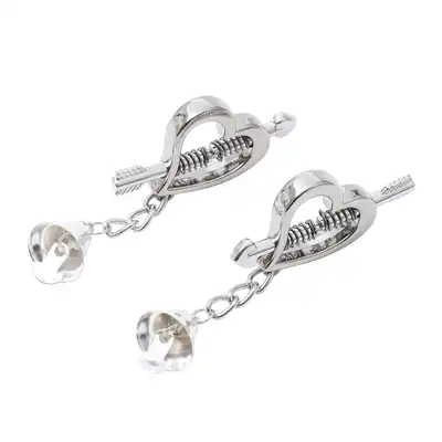 Kiotos - Nipple Clamps Heart Shaped Spring. Metalowe klamerki na sutki w kształcie serduszek. Mechanizm sprężynowy i dzwoneczki