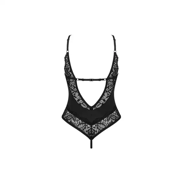 Obsessive -  Bellastia body otwarte XS/S. Czarne zmysłowe body z roślinną koronką i fiszbinami podkreślającymi biust