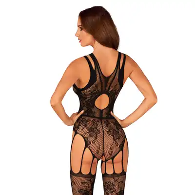 Obsessive - F239 Bodystocking S/M/L. Wyjątkowy bodystocking o kroju body z otwartym krokiem w połączeniu z pończochami, romantyczny kwiatowy wzór