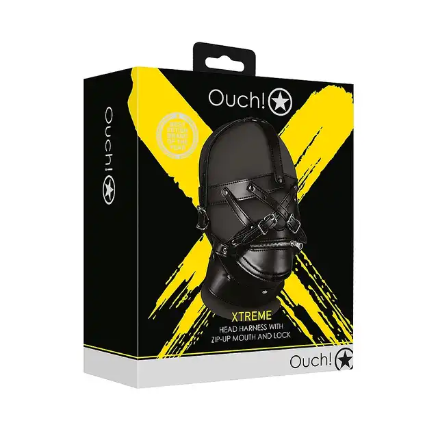 Ouch! - Head Harness with Zip-up Mouth and Lockm - harness na głowę z opcją zniewolenia. Zamek na usta 