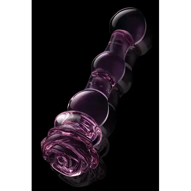 Glaze Glass - Rosebud Beaded Dildo 20 cm. Niezwykłe różowe, profilowane szklane dildo z ozdobną różyczką. Uroczy i elegancki prezent. 