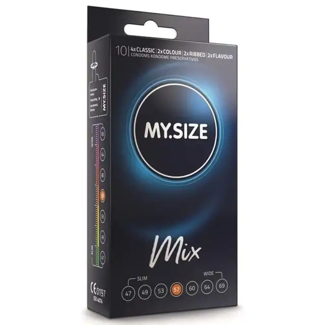 My Size - Mix 57mm 10 sztuk. Opakowanie prezerwatyw dopasowanych do Twojego penisa, szerokość nominalna 57mm. Mix emocji w Twoim rozmiarze!